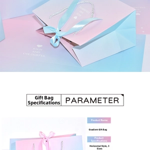 Detail of pink and blue gradient gift bag with ribbon bow and woven rope handles