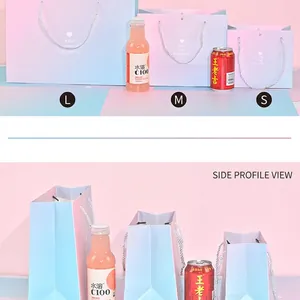 Three sizes of pink and blue gradient gift bags with white handles and heart logo