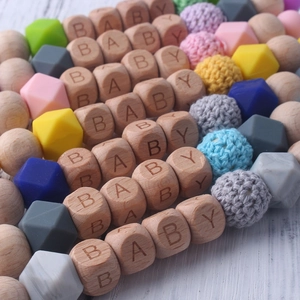 Silicone and beech wood baby pacifier clip chain with colorful beads and BABY engraving