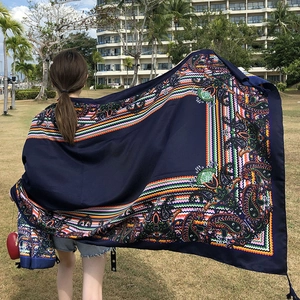 Ethnic navy blue paisley cotton linen scarf shawl with tassels for beach sun protection