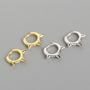 925 Sterling Silver Spike Hoop Earrings For Women Punk Rock Rivet Inlaid Rhinestone Gold Silver Color Ear Buckle Fashion Jewelry