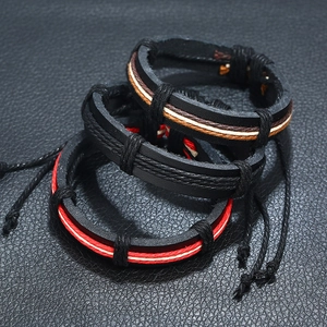 Three-piece punk style braided leather bracelet set with adjustable cord for men and women