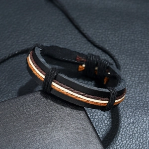 Multilayer braided leather and cotton rope bracelet for men in black and brown tones