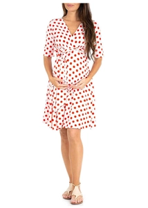 V Neck Maternity Dress Polka Dot Floral Print Short Sleeve Tie Waist Cotton Blend Summer Fashion Mid Length Pregnancy Wear