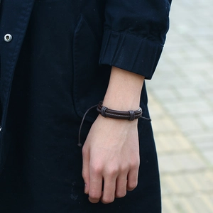 Retro dark brown braided leather bracelet with three metal accents for men and women