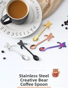 Detail shot of five colorful stainless steel bear-shaped hanging spoons for coffee