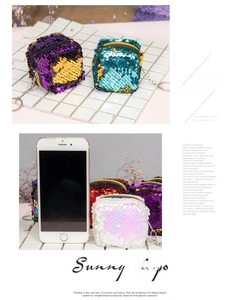 Detailed size comparison of flip sequin coin purse with phone and metal keychain