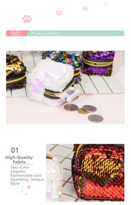 Close-up of square sequin coin purse with reversible fabric and black zipper closure