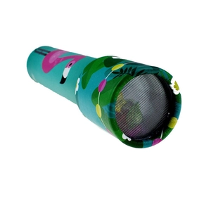 Close-up of paper kaleidoscope lens showing tropical flamingo and leaf print details