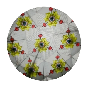 Macro view of symmetrical geometric patterns and colorful beads inside the kaleidoscope