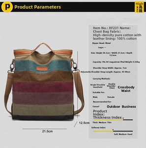 Striped canvas sling bag size specifications and detailed high density cotton fabric material