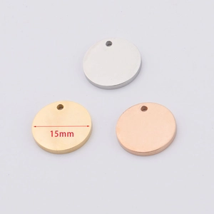 Polished stainless steel round pendant tags in silver, gold, and rose gold with 15mm diameter