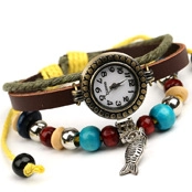 Retro leather watch bracelet featuring wooden beads, turquoise, and a metal fish charm