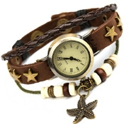 Macro view of multi-layer leather bracelet watch with starfish pendant and wooden beads