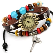 Detailed close-up of a bohemian leather wrap watch with colorful beads and guitar pendant