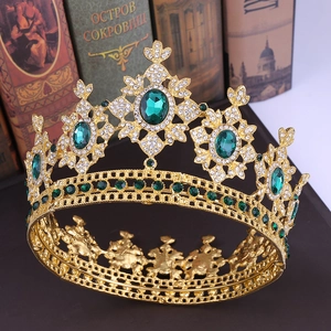 Vintage gold bridal crown with emerald green rhinestones and intricate alloy carvings