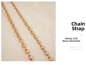 Close-up of a premium gold chain strap on an elegant floral lace fabric background