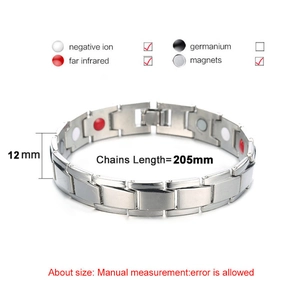 Detail of 12mm magnetic therapy bracelet with negative ion, germanium, and far infrared icons