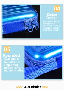 Macro detail of the smooth blue tinplate storage case featuring secure dual zipper design