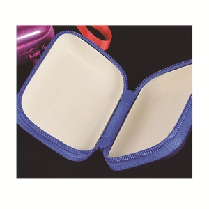 Purple rectangular tinplate coin purse with red lanyard and soft beige lining