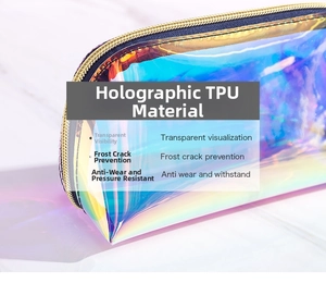 Macro shot of iridescent TPU cosmetic bag with metallic zipper and durable texture