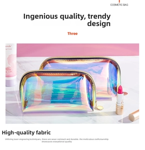 Detail of holographic laser shell makeup bag with golden zipper and durable fabric finish