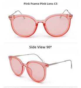 Pink fashion sunglasses with transparent resin frame and silver metal temples, side view