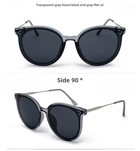 Transparent grey sunglasses with dark lenses and silver dot details seen from front and side