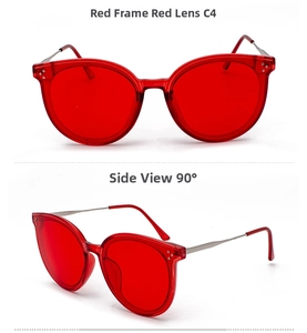 Detailed front and 90-degree side views of stylish red frame sunglasses with silver temples