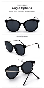 Three-way view of cat-eye sunglasses showing front, 90-degree side, and back details