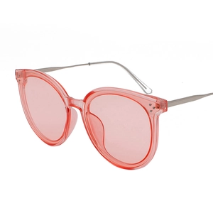 Fashionable pink semi-transparent cat-eye sunglasses with slim silver metal temples