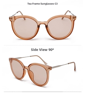 Cat eye sunglasses with tea brown frame and golden metal temples in 90-degree side view