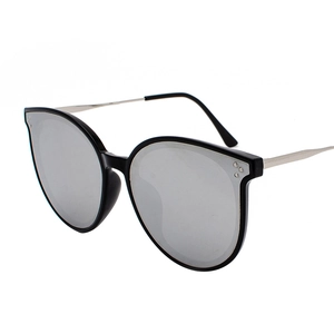 Classic black oversized sunglasses with silver mirrored lenses and metal rivets
