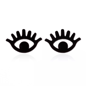 Gothic black demon eye earrings with exaggerated long eyelashes on white background