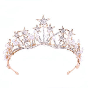 Elegante tiara da sposa dorata con stelle, cristalli e perle bianche fatte a mano