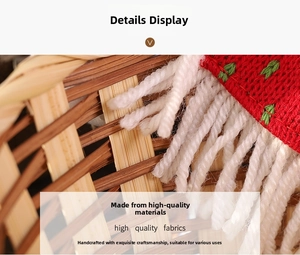Macro view of woven Christmas basket with high quality red knit and white fringe