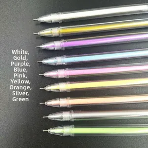 Detailed macro shot of 0.5mm metallic gel pen nibs with vibrant color ink on black paper