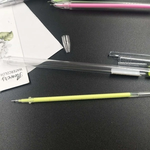 Close-up of 0.5mm colorful gel pen refills and transparent barrel on dark surface