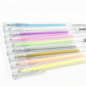Close-up of multicolored 0.5mm high gloss pastel pens with transparent barrels
