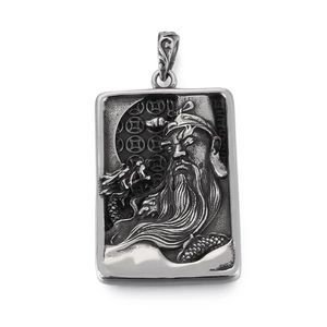 Retro stainless steel Guan Yu warrior pendant with dragon and coin relief patterns