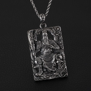 Vintage stainless steel Guan Yu warrior pendant with dragon motifs on a rope chain