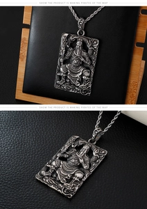 Detailed relief of Chinese warrior Guan Yu and dragon on silver stainless steel pendant