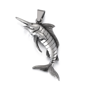 Punk silver stainless steel sailfish pendant with detailed scale and fin texture for men