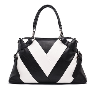 Women's large contrast color handbag with black and white V-pattern and soft leather texture