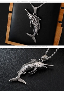 Detailed view of silver stainless steel marlin fish pendant with twisted rope chain necklace