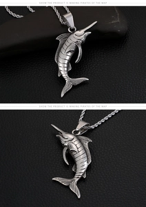 Detailed views of a vintage silver stainless steel swordfish pendant with rope chain