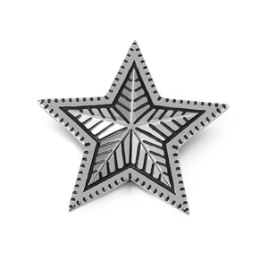 Polished stainless steel pentagram star pendant with black enamel details on white background
