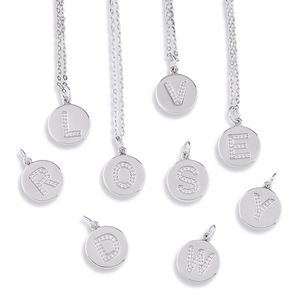 Silver round letter pendant necklace with zircon paving on minimalist chain