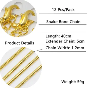 12-piece pack of 1.2mm gold plated snake chains with extension and lobster clasp
