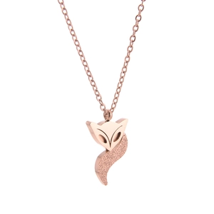 Rose gold fox pendant necklace with polished and frosted finish on a fine link chain